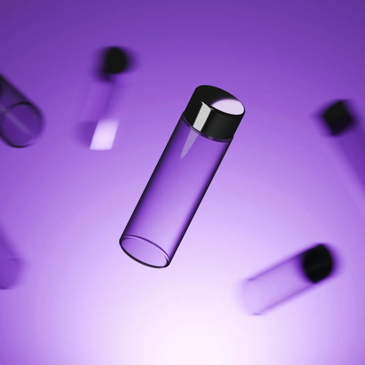 Clear refill pods with black caps floating on a violet background