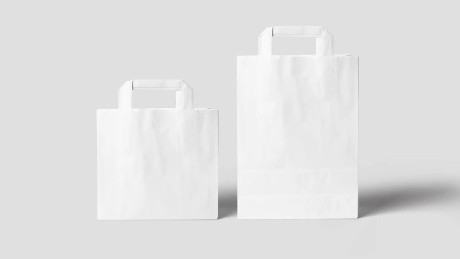 Two blank white paper carrier bags on a pale grey background
